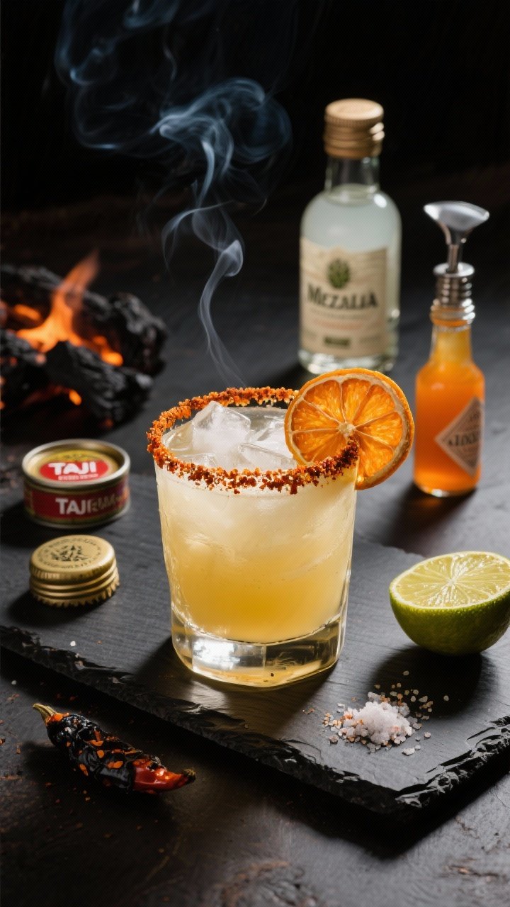 45-degree angle hero shot of a Smoky Mezcal Cider Margarita in a rocks glass rimmed with vibrant Tajín, the drink a light gold hue, strained over fresh ice, garnished with a dehydrated orange wheel leaning on the glass. Include a small mezcal bottle, blanco tequila bottle cap, a tin of Tajín, an agave nectar dripper, orange bitters bottle, and a pinch of smoked salt on a dark slate board. Background hints of charred citrus and a blackened lime half to suggest smokiness. Moody, contrasty lighting with a dramatic shadow, sharp detail on chili crystals.