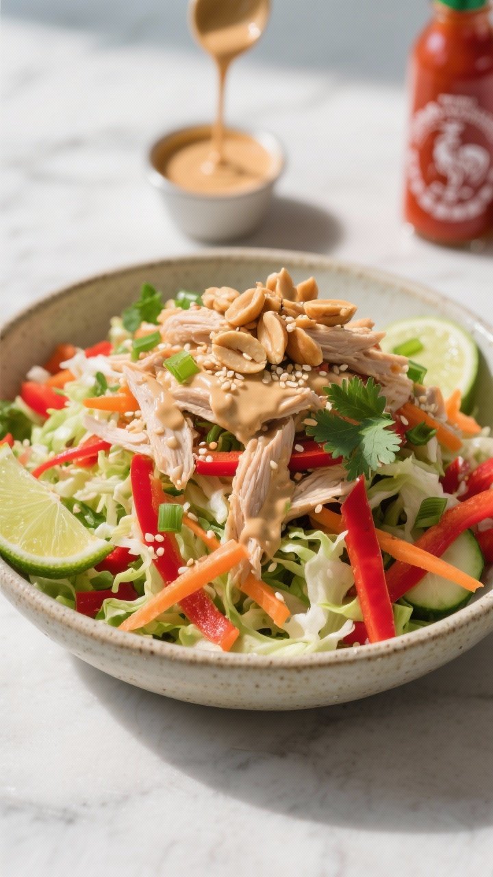 45-degree angle plated shot of a Crunchy Thai-Inspired Peanut Chicken Salad piled high in a shallow stoneware bowl: shredded chicken, shredded cabbage (mix of red and green), julienned carrots, thin red bell pepper strips, sliced green onions, chopped cilantro, optional cucumber half-moons, all glossed in a creamy peanut–soy–lime dressing. Finish with chopped roasted peanuts and a sprinkle of toasted sesame seeds; lime wedges on the rim. Include a small pouring cup with thick peanut dressing and a bottle of sriracha in the background blur. Bold, crunchy textures, vibrant reds, oranges, and greens, bright daylight with slight side shadow for crunch definition.
