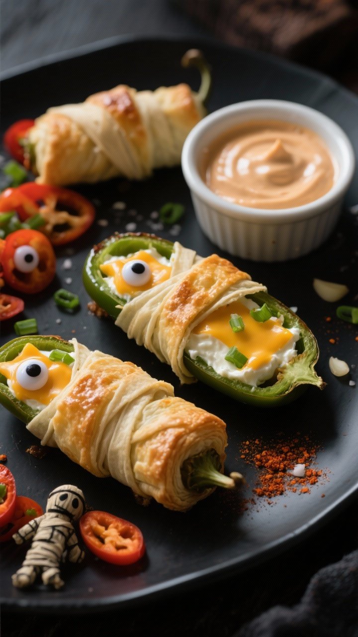 45-degree angle plated shot of Mummy Jalapeño Poppers: halved jalapeños stuffed with a smooth cream cheese–cheddar filling flecked with green onions, smoked paprika, garlic powder, and salt, wrapped in thin puff pastry “bandages” baked to a deep golden puff. Each popper sports two candy eyes peeking through a gap. Served on a matte black platter with a ramekin of ranch and a bowl of chipotle mayo; optional mini sweet pepper mummies mixed in for color. Crisp, dramatic lighting to emphasize flaky texture and creamy filling.