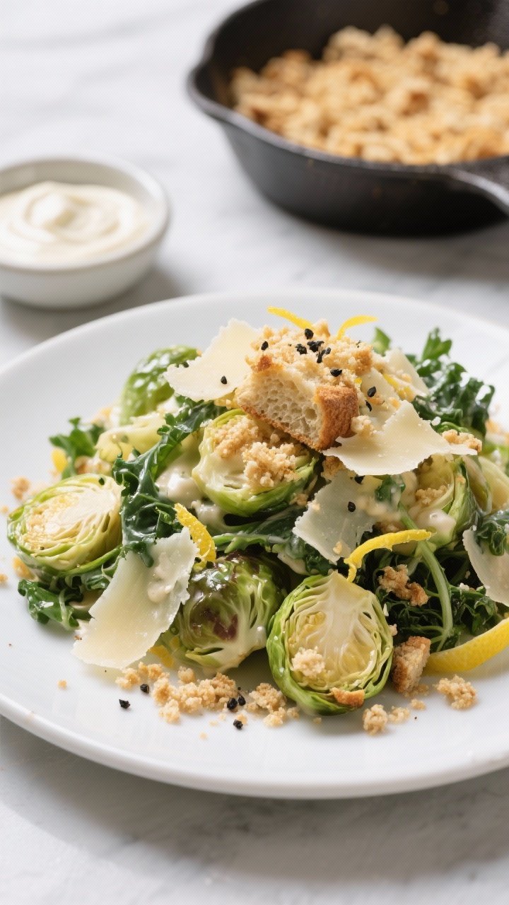 45-degree angle plated shot of Shaved Brussels Sprouts Caesar with Garlicky Sourdough Crumbs: a heaped mound of finely shaved Brussels sprouts and lacinato kale strands glossy with creamy Caesar-style dressing, speckled with lemon zest and showered in finely grated Parmesan. Golden, rustic garlicky sourdough crumbs cascade over the top, with extra Parmesan curls and a bold crack of black pepper. In the background: a small bowl of the mayo–Greek yogurt–Dijon–Worcestershire dressing and a skillet of toasty crumbs. Clean, modern styling, cool greens contrasting with warm crumbs.