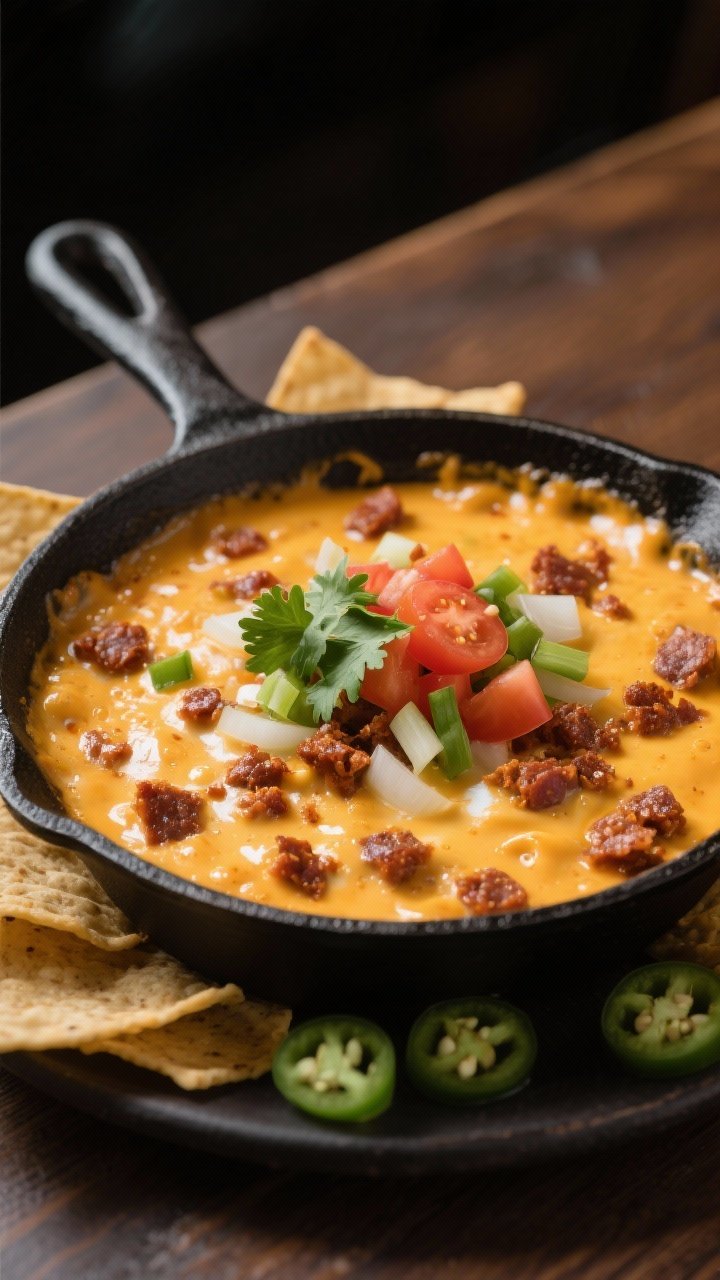 45-degree angle, skillet-on-table presentation: A black cast-iron skillet filled with molten, bubbly chorizo queso—creamy blend of Monterey Jack, sharp cheddar, and Oaxaca—marbled with browned crumbles of spicy Mexican chorizo. Visible bits of sautéed white onion and jalapeño, with a gloss from light beer and evaporated milk. Garnish the surface with chopped tomato, cilantro, and green onions. Surround the skillet with warm tortilla chips; add a few jalapeño seeds for subtle heat cue. Warm, moody lighting that captures the cheese pull and sheen.