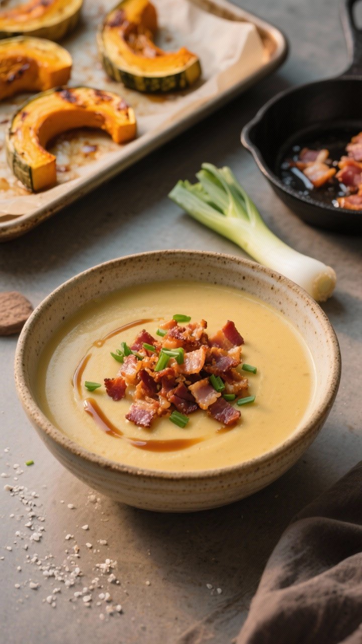 45-degree bowl shot of Maple-Roasted Delicata Squash Soup with crispy pancetta: creamy pale-gold soup with subtle maple sheen in a rustic earthenware bowl, topped with a generous pile of crackly pancetta crumbles, finely snipped chives, a precise maple drizzle, and a whisper of white pepper. In the background: a parchment-lined sheet pan with caramelized delicata half-moons (skin on), a small skillet with rendered pancetta fat, and a sliced leek. Gentle evening light, warm color temperature, capturing the contrast between sweet maple-roasted notes and salty pancetta crunch.