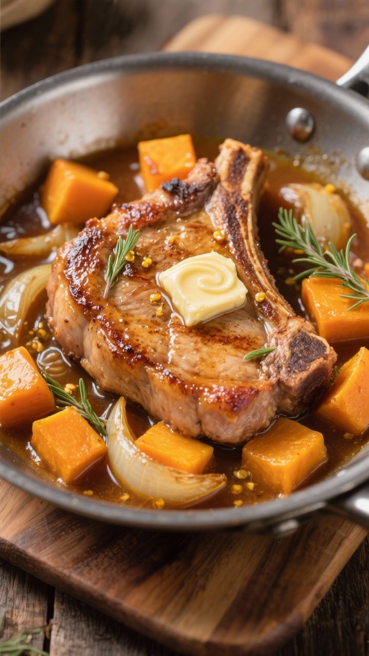 45-degree close-up in-pan braise: bone-in pork chops seared deep golden, nestled among 1-inch butternut squash cubes and tender onion slices, bathed in a glistening apple cider–Dijon–thyme pan sauce; butter just swirled in for a silky finish, a few thyme leaves floating; gentle ripples in the sauce, chops reading juicy and 145°F done, edges of squash lightly glazed; served in a stainless skillet on a wooden board, warm farmhouse light.