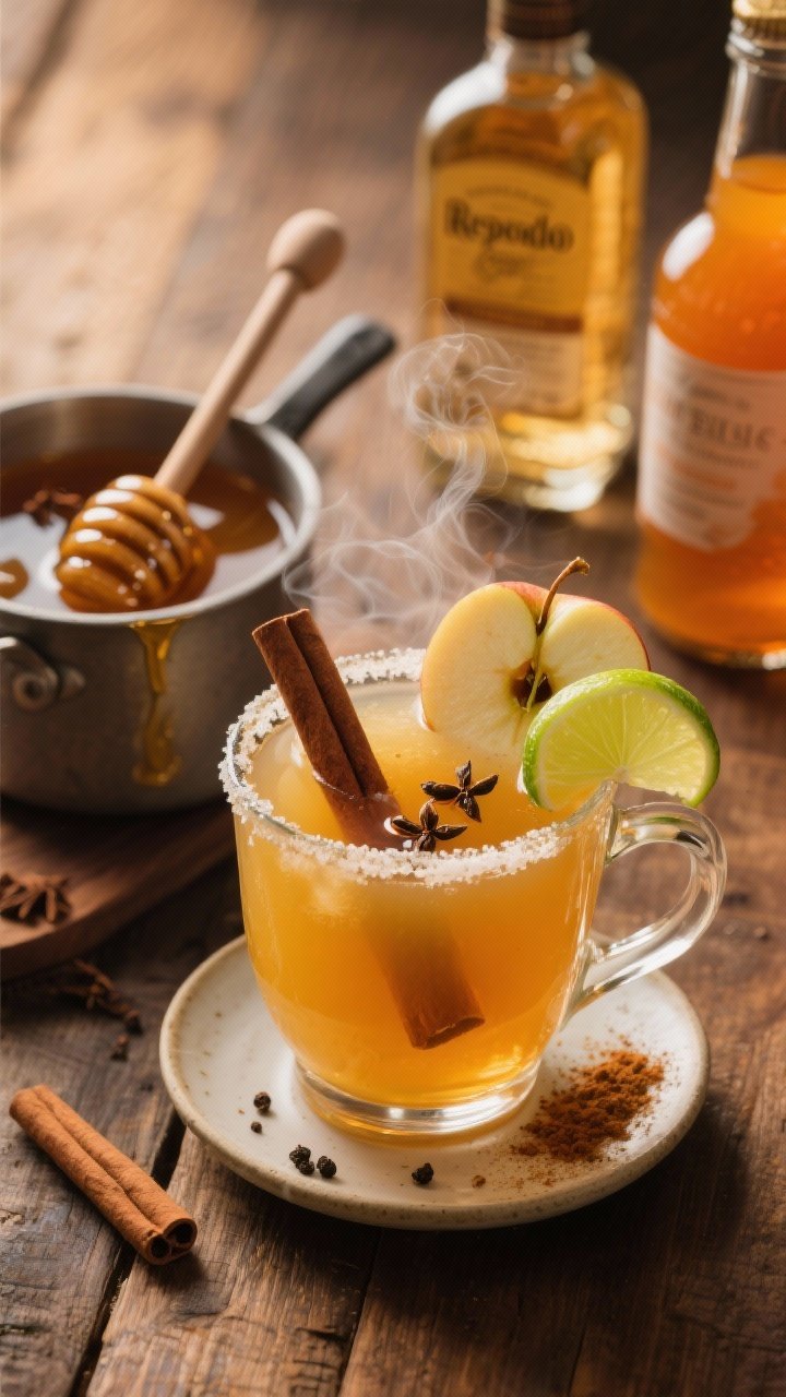 45-degree cozy scene of a Hot Toddy-Style Apple Cider Margarita in a clear heatproof mug, warm golden cider with steam gently rising. A cinnamon stick and a few whole cloves steeping inside, garnished with an apple wheel and a fresh lime wedge on the rim. Nearby: a small pot with spiced cider, honey dipper with a glossy thread of honey, reposado tequila and orange liqueur bottles partially cropped, and a sprinkle of ground cinnamon or black pepper on a saucer. Warm, amber lighting, rustic wood surface, inviting and comforting mood.