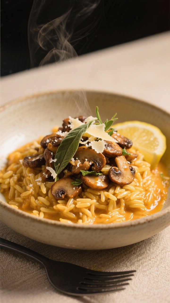 45-degree plated presentation: a shallow ceramic bowl of creamy pumpkin sage orzo, silky and glossy, topped with a generous mound of crispy browned mushrooms; flecks of sage ribbons, grated Parmesan snowfall, a micro drizzle of olive oil, and a lemon wedge on the rim; visible orzo grains suspended in velvety pumpkin sauce (no cream look), steam gently rising; neutral linen, matte black fork; cozy golden light for an elegant, restaurant-style mood.