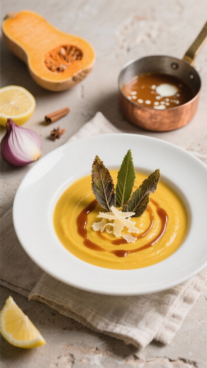 45-degree plated presentation of Creamy Butternut Squash Soup with brown butter sage: a warm, golden-yellow, ultra-smooth butternut puree in a wide white rimmed bowl, finished with a dramatic drizzle of amber brown butter, 3–4 crisp fried sage leaves standing upright, micro-shavings of Parmesan and a whisper of nutmeg. Place a small copper pan with browned butter and speckled milk solids nearby, plus a cut butternut half, sliced shallot, and a lemon wedge. Soft, cozy light on a linen napkin, neutral stone backdrop, shallow depth of field to spotlight the glossy surface and crispy sage texture.