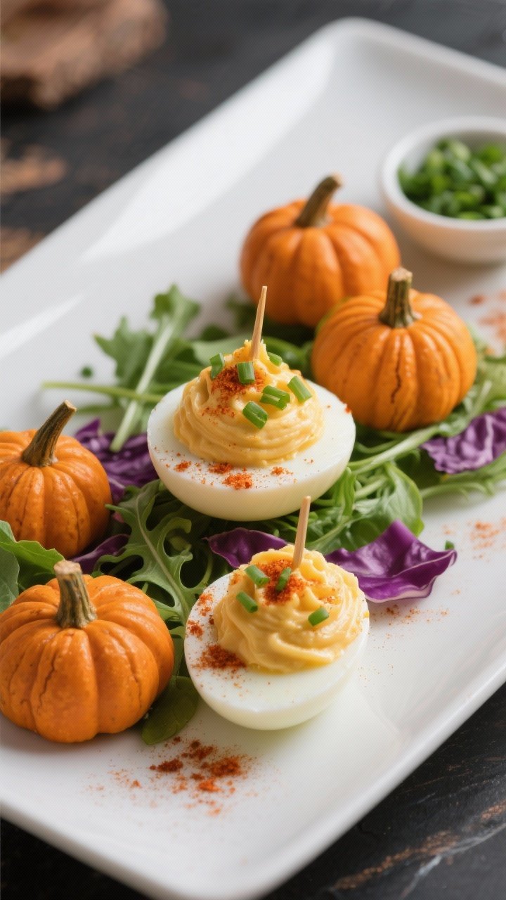 45-degree plated presentation of Pumpkin Deviled Eggs: halved egg whites filled with a silky yolk mixture (mayonnaise, Dijon, apple cider vinegar, smoked paprika, garlic powder, salt, pepper, minced chives, optional sriracha), piped into rounded “pumpkin” mounds with subtle toothpick grooves. Light dusting of extra smoked paprika for a deep orange glow, and short chive pieces as “stems.” Arranged on a bed of baby arugula and purple cabbage for contrast, with a small dish of extra chives. Clean, elegant styling with soft directional light to showcase creamy texture.