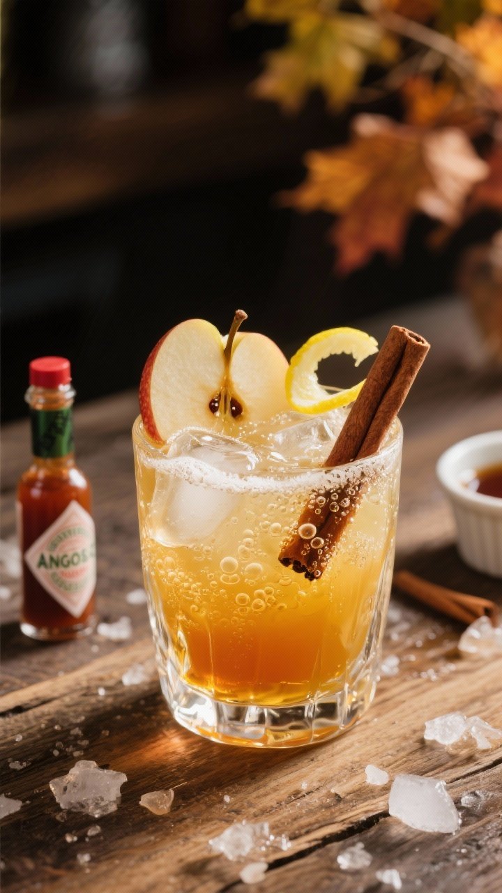 A 45-degree close-up of a Sparkling Apple Cider Bourbon Smash in a clear rocks glass over large clear ice, topped with lively bubbles from club soda. Visible layers of amber bourbon and golden apple cider with a faint haze from lemon juice and cinnamon simple syrup; two dashes of Angostura bitters fleck the surface. Garnished with a thin fresh apple slice, a cinnamon stick tucked against the glass, and a delicate lemon twist. Set on a rustic wood surface with scattered crushed ice, a small bottle of bitters, and a ramekin of cinnamon simple syrup in the background; warm autumn light, shallow depth of field, crisp, cozy fall mood.