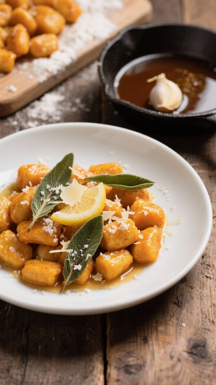 A 45-degree plated shot of Brown Butter Sage Pumpkin Gnocchi: golden pumpkin gnocchi tossed in nutty browned butter with crispy sage leaves, lemon splash glistening, and a snowfall of grated Parmesan and flaky salt. Serve in a warm white shallow bowl on a rustic wood table, a small skillet with browned butter and a smashed garlic clove in the background, a gnocchi board and dusting of flour off to the side. Colors: deep golden butter, emerald sage, pale orange gnocchi, ivory Parmesan. Texture focus on the crisp sage and glossy butter sheen, cozy fall mood.