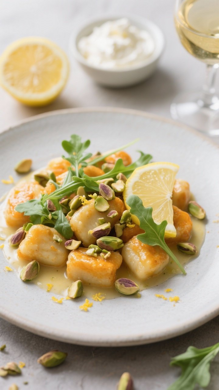 A close-up, 45-degree plated shot of Lemon Ricotta Pumpkin Gnocchi with Toasted Pistachios: ultra-tender gnocchi glossed in a light butter-wine-lemon sauce, studded with chopped toasted pistachios, flecked with lemon zest, and finished with baby arugula. Serve on a matte pale plate to contrast the vibrant green and soft orange tones. Visual cues of ingredients nearby: a cut lemon, a small bowl of ricotta, and a glass of dry white wine. Emphasize the cloud-soft texture and bright, citrusy sheen.