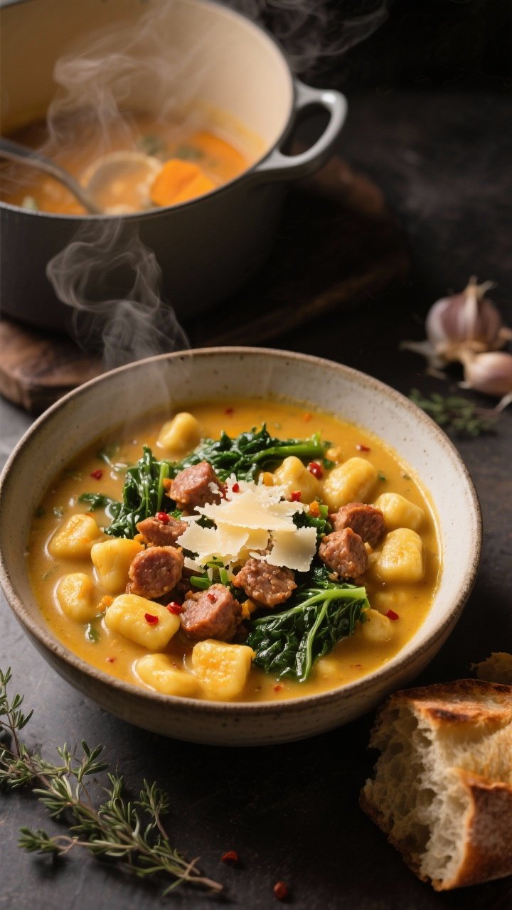 A comforting, straight-on bowl shot of One-Pot Pumpkin Gnocchi Soup with Italian Sausage: creamy broth with floating tender pumpkin gnocchi, crumbled browned Italian sausage, ribbons of kale, and specks of thyme and fennel. Ladled into a deep ceramic bowl, topped with grated Parmesan and a pinch of red pepper flakes. Behind it, the Dutch oven sits slightly open, steam rising. Warm, moody lighting to highlight the creamy golden broth and hearty textures, crusty garlic bread on the side.