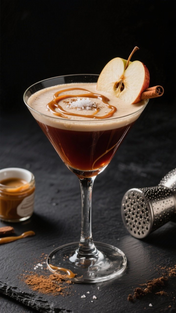 A dramatic close-up of a Caramel Apple Espresso Cider Martini in a chilled martini glass, interior drizzled with glossy caramel set in delicate ribbons. The cocktail is deep mahogany from coffee liqueur, reduced apple cider, and espresso, with a silky, frothy cap from a hard shake; a pinch of sea salt subtly glistens. Garnished with a thin apple slice lightly dusted with cinnamon resting on the rim. Shot on a dark slate surface with a small espresso cup, a jar of caramel, and a metal cocktail shaker beaded with condensation; moody, luxurious dessert-cocktail energy.