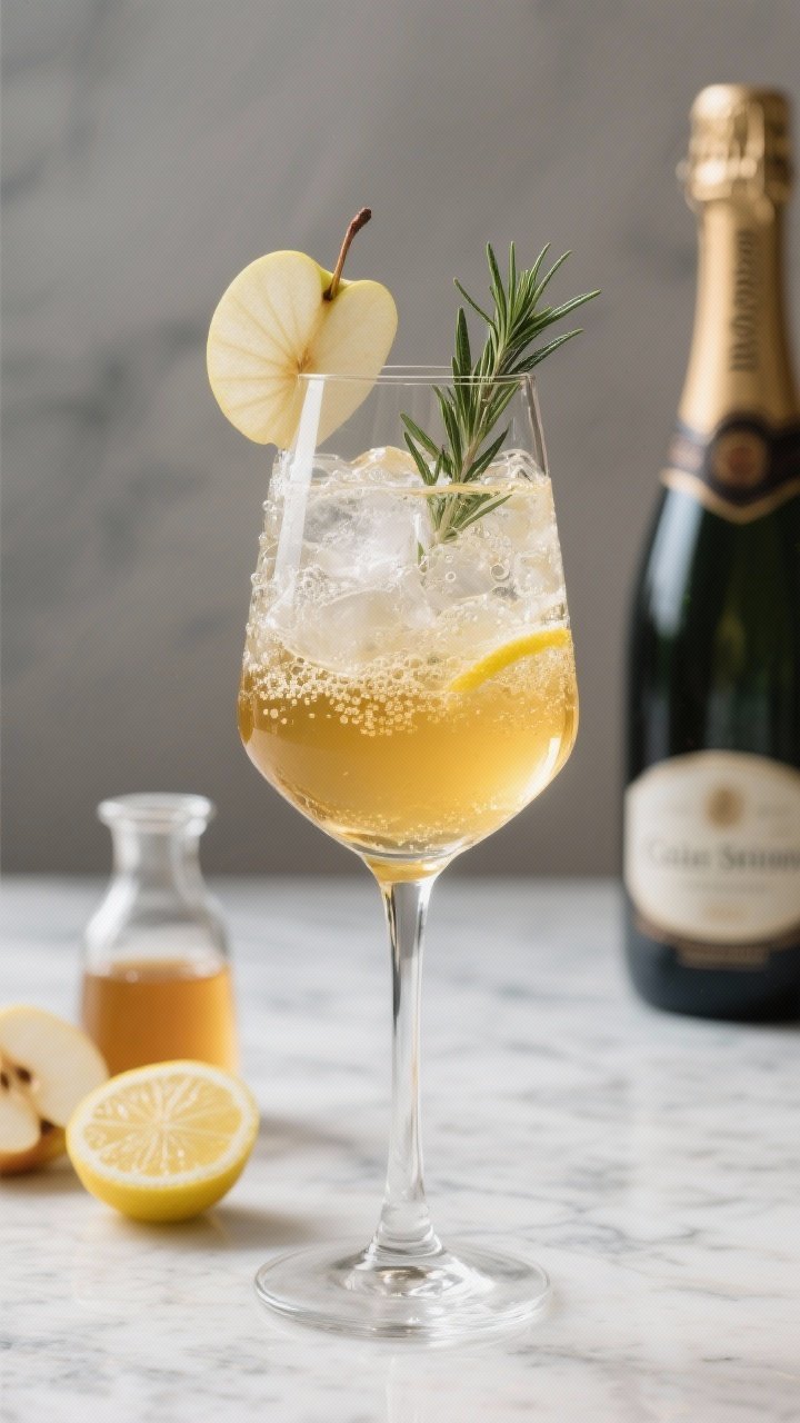 A refined 45-degree portrait of a Cider Spritz in a large stemmed wine glass brimming with crystal ice. Layers: translucent gold from Calvados, chilled apple cider, and lemon juice, crowned with fine bubbles of dry prosecco or sparkling pear cider. Garnished elegantly with a fresh rosemary sprig and a thin apple fan perched on the rim. Minimalist marble surface with a small carafe of rosemary simple syrup, a halved lemon, and a chilled prosecco bottle blurred in the background; airy, elegant, aperitif vibe.