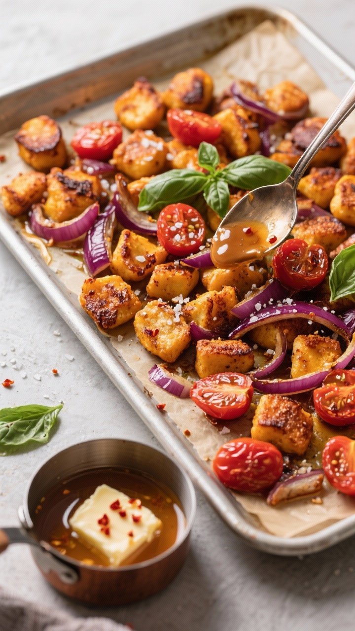 A sheet-pan process shot, straight-on angled overhead, of Crispy Pumpkin Gnocchi with Maple Chili Butter: roasted pumpkin gnocchi with browned, craggy edges, caramelized red onion slices, and burst cherry tomatoes on parchment. A small saucepan nearby with glossy maple chili butter (butter, maple syrup, red pepper flakes, apple cider vinegar) being spooned over. Finish with flaky salt and scattered fresh basil. Colors: amber-gold gnocchi, ruby tomatoes, purple onions, chili-red flecks; crisp textures emphasized.