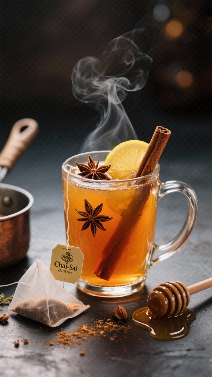 A straight-on, steam-kissed shot of a Chai-Spiced Rum Cider Toddy in a heatproof glass mug, showcasing the warm amber cider infused with chai. A cinnamon stick stands as stirrer, a thin lemon wheel floats on top, and a star anise rests beside a light dusting of nutmeg. Nearby props include a small saucepan, an opened chai tea bag wrapper, and a honey dipper with a glossy trail. Soft evening light, moody backdrop, gentle condensation and rising steam emphasizing warmth and comfort.