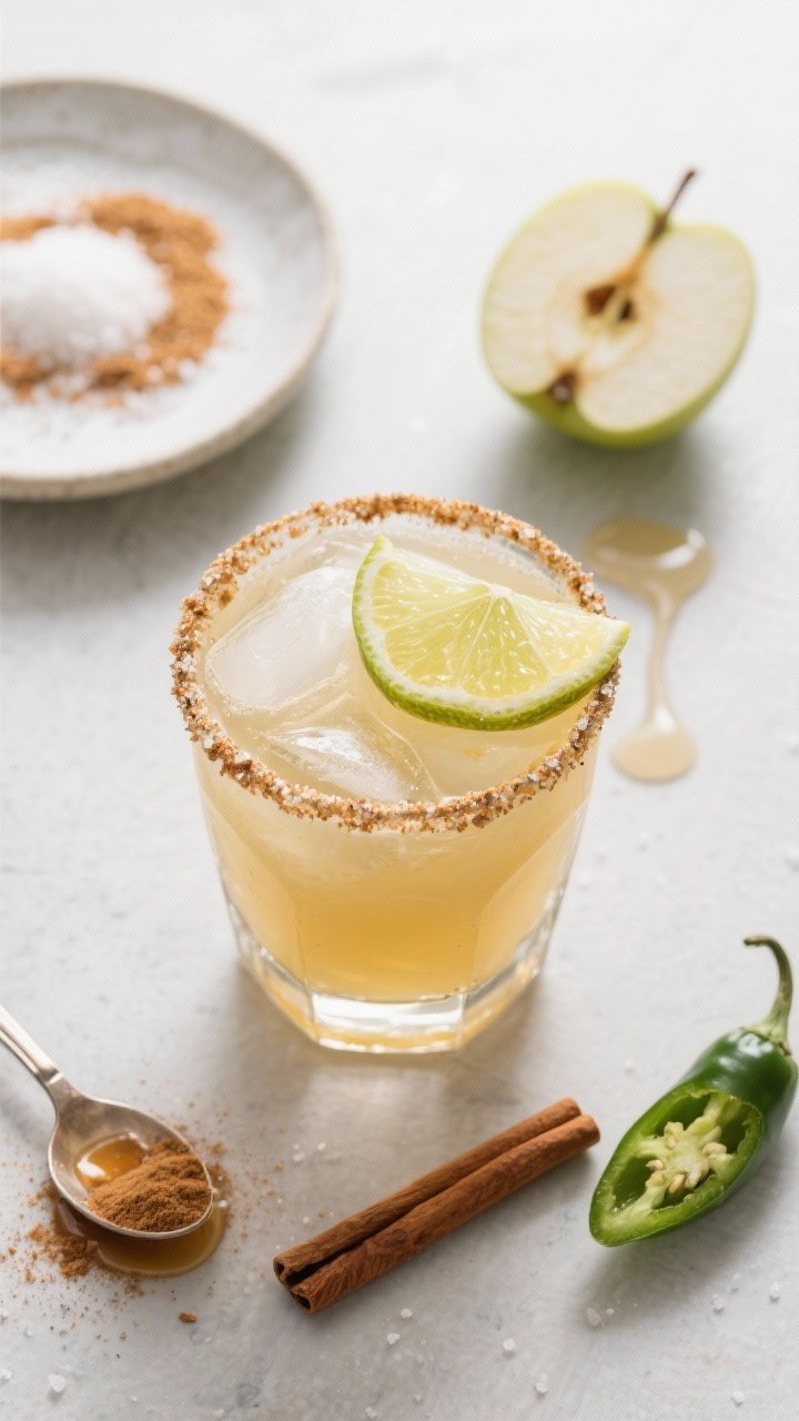 An overhead flat lay of a Maple Cider Margarita with a salted cinnamon rim, presented in a short rocks glass over fresh ice. The rim sparkles with a mix of kosher salt, sugar, and cinnamon; the drink glows pale gold from reposado tequila, Cointreau, apple cider, lime juice, and maple syrup. Garnished with a thin apple wheel and a lime wheel overlapping on the rim. Surrounding elements arranged neatly: a plate with the rim mixture, a halved lime, maple syrup drips on a spoon, a pinch of ground cinnamon, and an optional jalapeño slice off to the side; clean slate surface, bright yet cozy light, precise styling.