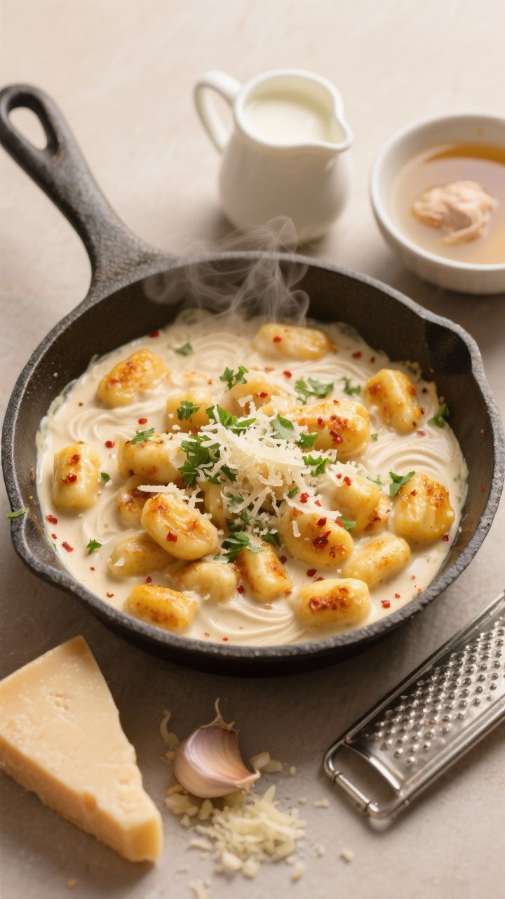 An overhead shot of Creamy Garlic Parmesan Pumpkin Gnocchi in a single skillet: pillowy gnocchi nestled in a silky, ivory garlic-Parmesan cream sauce with flecks of red pepper flakes, topped with chopped parsley and extra micro-grated Parmesan. Visible ingredients around the pan: a wedge of Parmesan with a microplane, minced garlic, a small pitcher of heavy cream, and a bowl of chicken broth. Steam subtly rising, warm neutral backdrop, appetizing saucy swirls and gentle golden sear on some gnocchi.