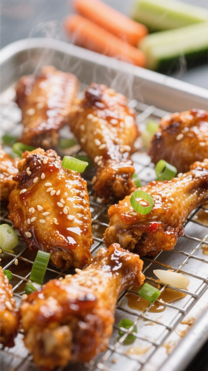 Close-up action shot: Honey-garlic sticky wings just tossed—deeply golden, shatter-crisp baked skin coated in a glossy sauce of honey, soy, brown sugar, garlic, ginger, rice vinegar, and a hint of sriracha. Sauce clings and drips slightly, with tiny sesame seeds adhering to the lacquer. Sliced scallions scattered over a wire rack set on a sheet pan to hint at the bake method. Steam subtly visible, with carrot and cucumber sticks blurred in the background. Emphasize texture and shine.