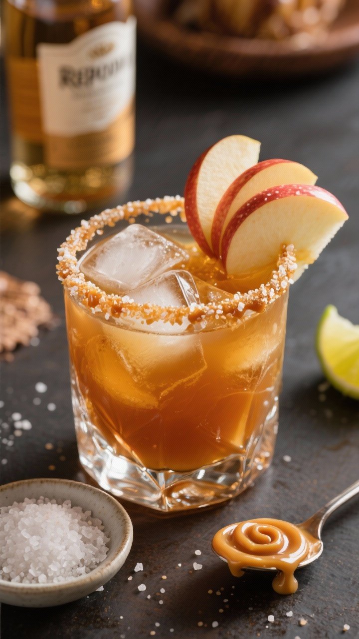 Close-up macro of a Caramel Apple Cider Margarita with a glossy caramel-and-flaky-salt rim set firm, the drink a warm caramel-amber tone in a clear rocks glass over large ice cubes. Visible micro-beads from a hard shake. Garnished with a thin apple fan resting elegantly on the edge. Include a small dish of flaky sea salt, a swirl of pourable caramel in a spoon, and a reposado tequila bottle neck blurred in the background. Optional hint of lime wedge on the side. Cozy, dessert-like mood, soft highlights on caramel, ultra-appetizing shine.
