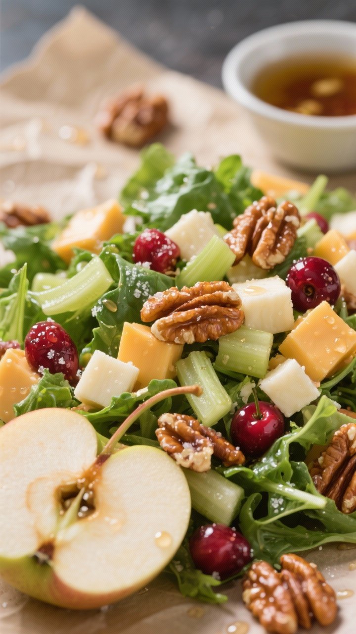 Close-up macro of a Honeycrisp Apple, Cheddar & Candied Walnut Chopped Salad tossed and glistening: crisp diced Honeycrisp apple, small cubes of sharp white cheddar, mixed greens (romaine and baby arugula), thin celery crescents, ruby dried cherries, and glossy chopped candied walnuts (sugar, maple, cinnamon). Visible micro-beads of the shallot vinaigrette clinging to leaves. Background blur shows a parchment sheet with cooling candied walnuts and a small bowl of vinaigrette. Bright, punchy colors, high clarity, appetizing shine.