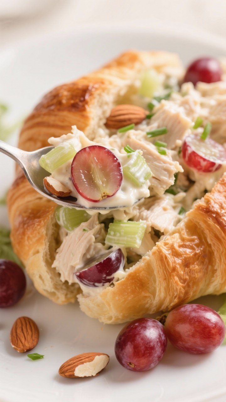Close-up macro of Creamy Classic Chicken Salad with Grapes and Almonds spooned into a split buttery croissant: visible halved red grapes, finely chopped celery, toasted sliced almonds, and chives folded into a pale, glossy mayo–Greek yogurt–Dijon dressing. Capture the sheen and contrast of creamy dressing against flaky croissant layers; a few extra grapes and almond slices scattered on the plate. Background soft and neutral, gentle top light for appetizing highlights, shallow depth of field to emphasize the creamy texture and juicy grape interiors.