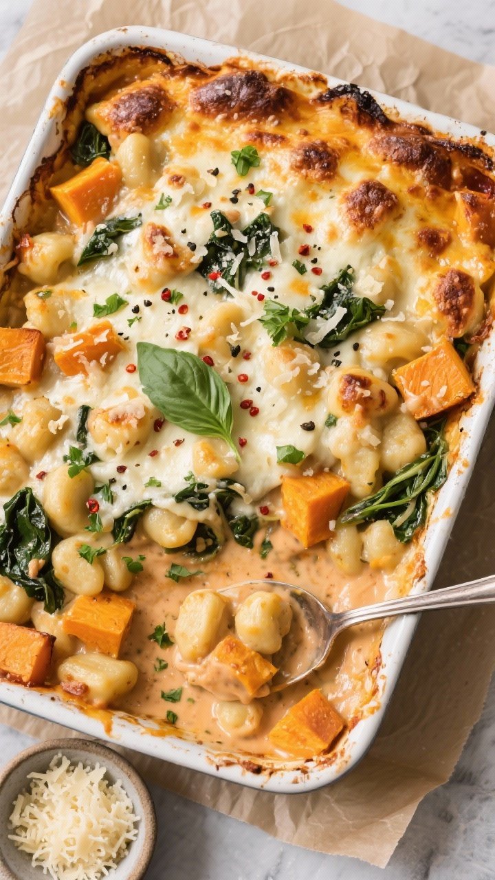 Overhead baked comfort: a bubbling casserole of cheesy gnocchi with roasted butternut squash cubes and wilted spinach, mozzarella melted into a stretchy golden blanket with browned spots, Parmesan grated over top; flecks of black pepper and crushed red pepper; edges caramelized, steam visible; garnished with chopped basil and parsley; a spoon revealing pillowy gnocchi and creamy marinara-cream sauce beneath; set on a parchment-lined sheet with a small bowl of extra Parmesan.