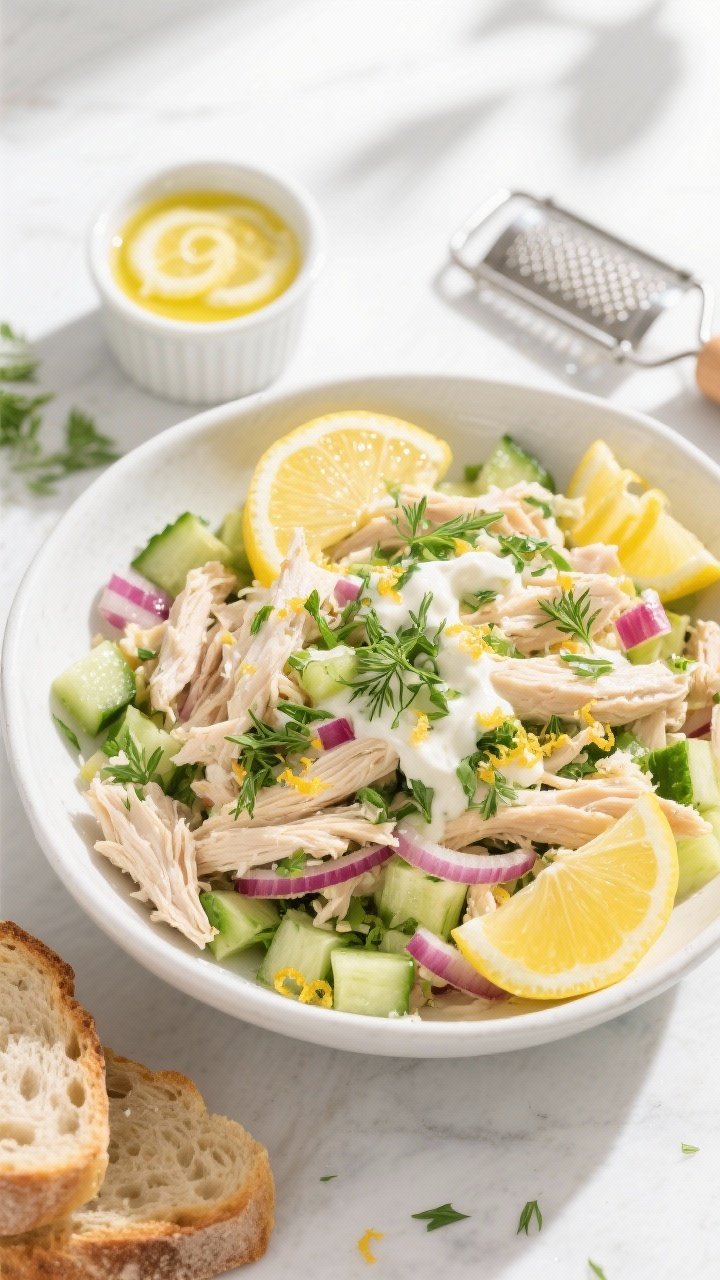 Overhead flat lay of a bright Zesty Lemon-Herb Chicken Salad in a wide white ceramic bowl: shredded chicken tossed with finely diced celery and red onion, lots of chopped parsley and dill, lemon zest flecks visible, optional diced cucumber, creamy mayo–Greek yogurt–Dijon dressing glistening; garnish with extra lemon wedges and a micro drizzle of olive oil. Include a small ramekin of the dressing, a zester with fresh lemon curls, and toasted sourdough slices on the side. Color palette: sunny yellows, fresh greens, and crisp whites. Clean spring mood, natural window light, minimal props, sharp focus on the herby texture.