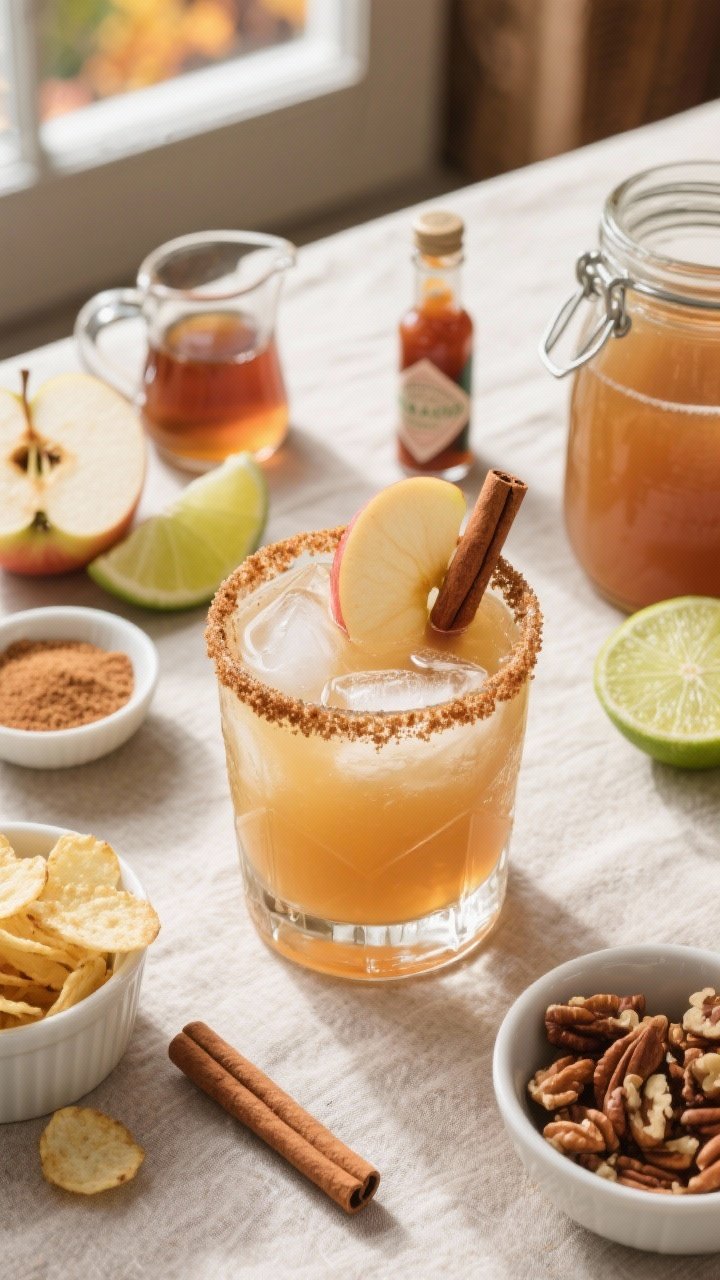 Overhead flat lay of a Classic Cinnamon-Maple Apple Cider Margarita in a rocks glass with a heavy cinnamon-sugar rim, filled with clear ice, pale amber drink with a slight frosty sheen, garnished with a fresh apple slice and a cinnamon stick. Surround with small bowls of cinnamon-sugar, maple syrup in a tiny pitcher, lime wedges, a dash bottle of aromatic bitters, and unfiltered apple cider in a glass jar. Place salted kettle chips and a ramekin of spiced nuts at the edges for mood. Natural window light, soft fall tones, neutral linen, crisp focus on the rim’s texture.