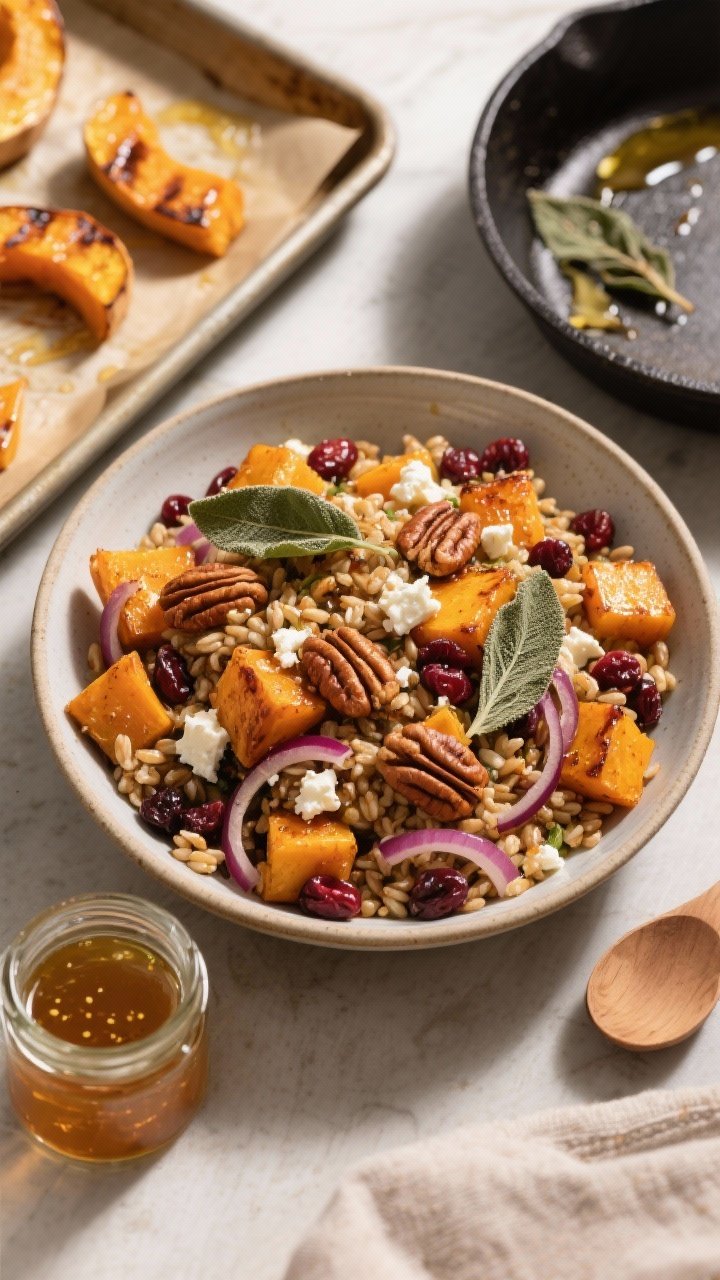 Overhead flat lay of a warm Maple-Roasted Butternut & Farro Salad in a wide, shallow ceramic bowl: caramelized butternut squash cubes glistening with maple, chewy farro, softened red onion ribbons, toasted pecans, dried cranberries, and crumbled feta, finished with crumbled crispy sage leaves. A small glass jar of apple-cider-Dijon-maple dressing sits nearby with a thin drizzle across the salad. Props: parchment-lined sheet pan with a few charred squash pieces, a small skillet with fried sage remnants and melted butter streaks, and a wooden spoon. Cozy fall mood, natural side light, warm tones, no people.