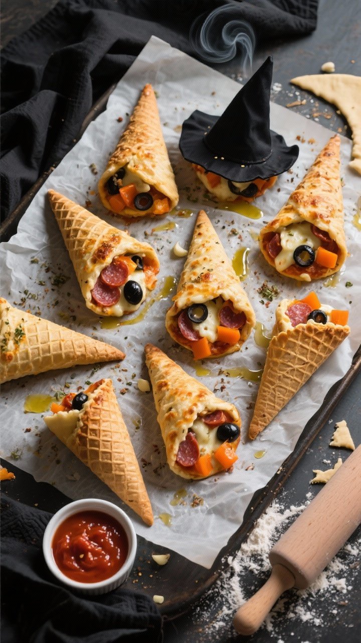 Overhead flat lay of Witch Hat Pizza Cones fresh from a 425°F oven: eight golden, bubbling pizza-dough “witch hats” arranged on parchment-lined sheet, brushed with olive oil and speckled with Italian seasoning and garlic powder. Visible fillings at the seams: melted mozzarella, mini pepperoni, orange bell pepper dice, and sliced black olives. A ramekin of warm marinara and another of spicy arrabbiata for dipping on the side, a dusting of flour on the counter, and a rolling pin with leftover dough triangles in frame. Cozy, moody Halloween styling with black napkins and a faint curl of steam.