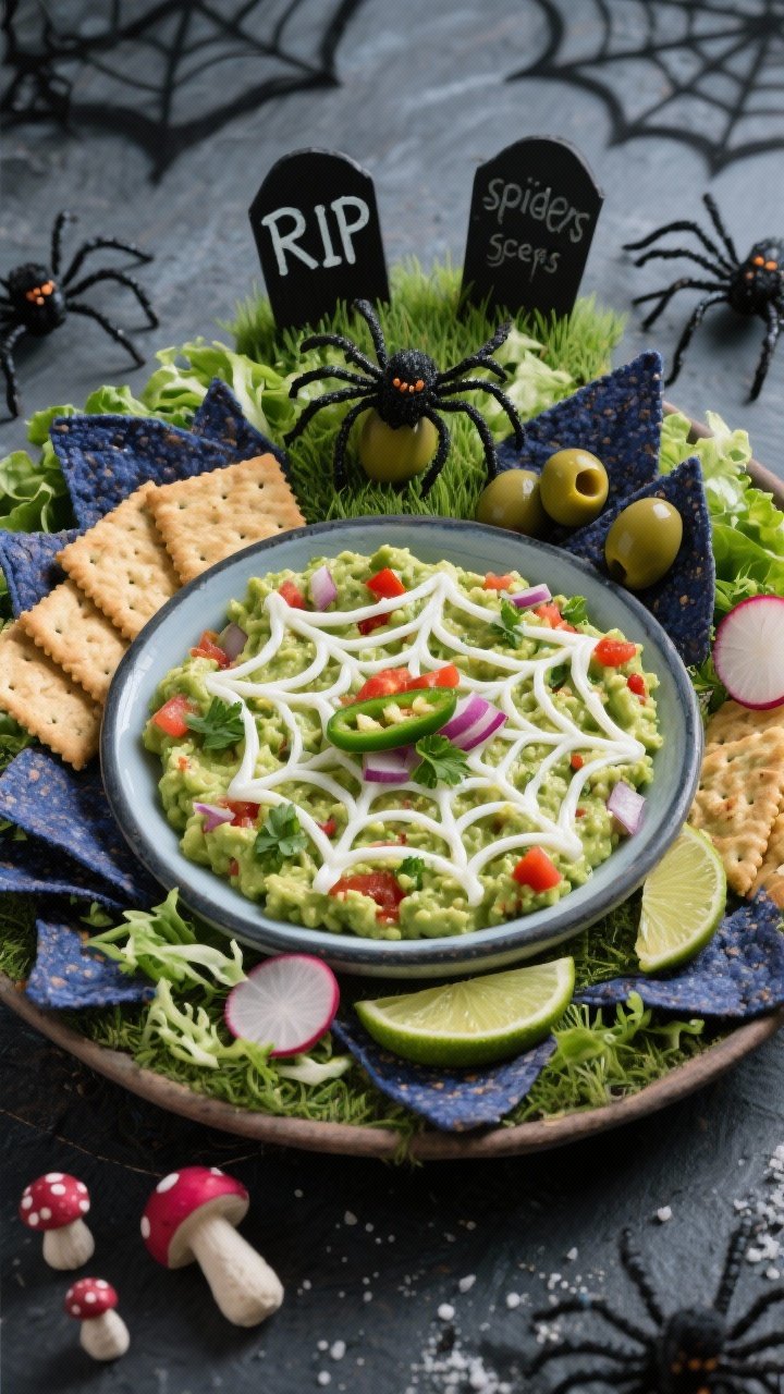 Overhead hero shot of Graveyard Guacamole Dip “scene”: a shallow platter spread with chunky-smooth guacamole (avocado, red onion, jalapeño, lime, cilantro, tomato, cumin, salt) decorated with piped sour cream spiderwebs. Rectangular crackers labeled “RIP” with black food marker stand upright as tombstones. Olive “spiders” with slivered legs, shredded lettuce “grass,” and tiny radish “toadstools” add detail. Blue/black corn tortilla chips ring the platter. Fresh, vibrant greens and inky blacks contrast on a slate surface for a spooky centerpiece vibe.