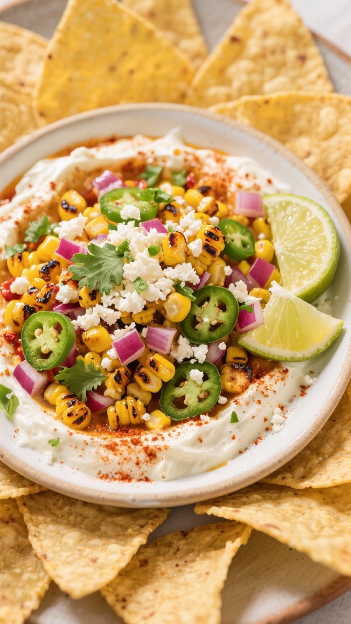 Overhead ingredient-meets-final dip spread: A shallow platter of loaded street corn dip—charred fire-roasted corn with finely diced red onion and jalapeño folded into a creamy base of mayonnaise and sour cream, seasoned with chili powder, smoked paprika, cumin, and bright lime zest and juice—topped generously with crumbled cotija, chopped cilantro, and a crunchy layer of crushed tortilla chips tossed with melted butter and Tajín. Surround with tortilla chips and a wedge of lime. Vibrant, sunny color grading to highlight yellows, greens, and reds; crisp textures prominent.