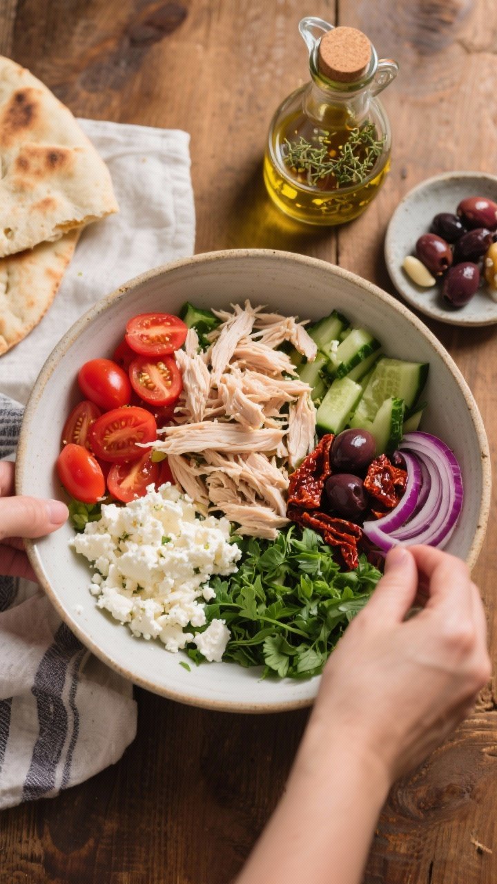 Overhead ingredient-to-bowl transition shot for Mediterranean Chicken Salad: a large mixing bowl with chopped/shredded chicken, halved cherry tomatoes, diced cucumber, sliced Kalamata olives, chopped sun-dried tomatoes in oil, thin red onion arcs, and a small mound of crumbled feta and chopped parsley/basil off to the side. A clear jar of oregano vinaigrette (olive oil, red wine vinegar, Dijon, grated garlic, oregano, honey) mid-shake with visible emulsification, ready to pour. Rustic Mediterranean styling: warm wood surface, a piece of pita and a small dish of extra olives nearby. Colors pop—crimson, emerald, inky purple, creamy white—crisp, editorial lighting.