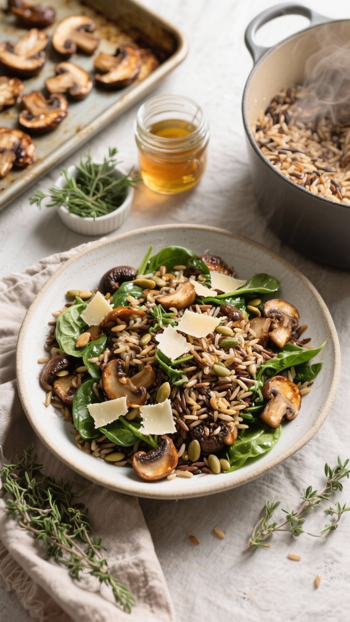 Overhead ingredient-to-finish narrative for Warm Wild Rice & Roasted Mushroom Salad: the center shows the final warm salad—nutty wild rice, roasted mixed mushrooms (cremini, shiitake, oyster) browned at the edges, wilted baby spinach, toasted pepitas, and a few shaved Parmesan ribbons—tossed with thyme–sherry vinaigrette. Around the main bowl: a sheet pan with roasted mushrooms, a small ramekin of fresh thyme leaves, a jar of sherry-Dijon-honey dressing, and a pot of just-cooked wild rice with steam. Earthy palette, rustic linen, soft window light.