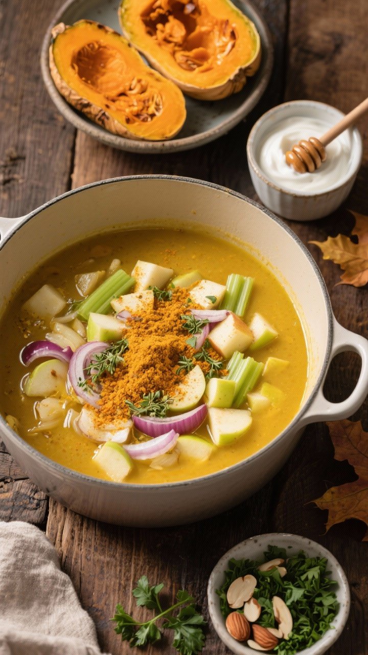 Overhead ingredient-to-pot scene for Curried Acorn Squash and Apple Soup: a Dutch oven partially filled with sautéed onion, celery, and diced Granny Smith apple glistening in butter and olive oil, a golden dusting of mild curry powder, coriander, and turmeric blooming in the center. Off to the side: roasted acorn squash halves with flesh scooped out, a bowl of the soft orange flesh ready to go in, a cup of plain Greek (or coconut) yogurt, a honey dipper, toasted sliced almonds in a small dish, and chopped parsley. Warm, autumnal tones on a rustic wooden table, emphasizing spice bloom and textures before blending.