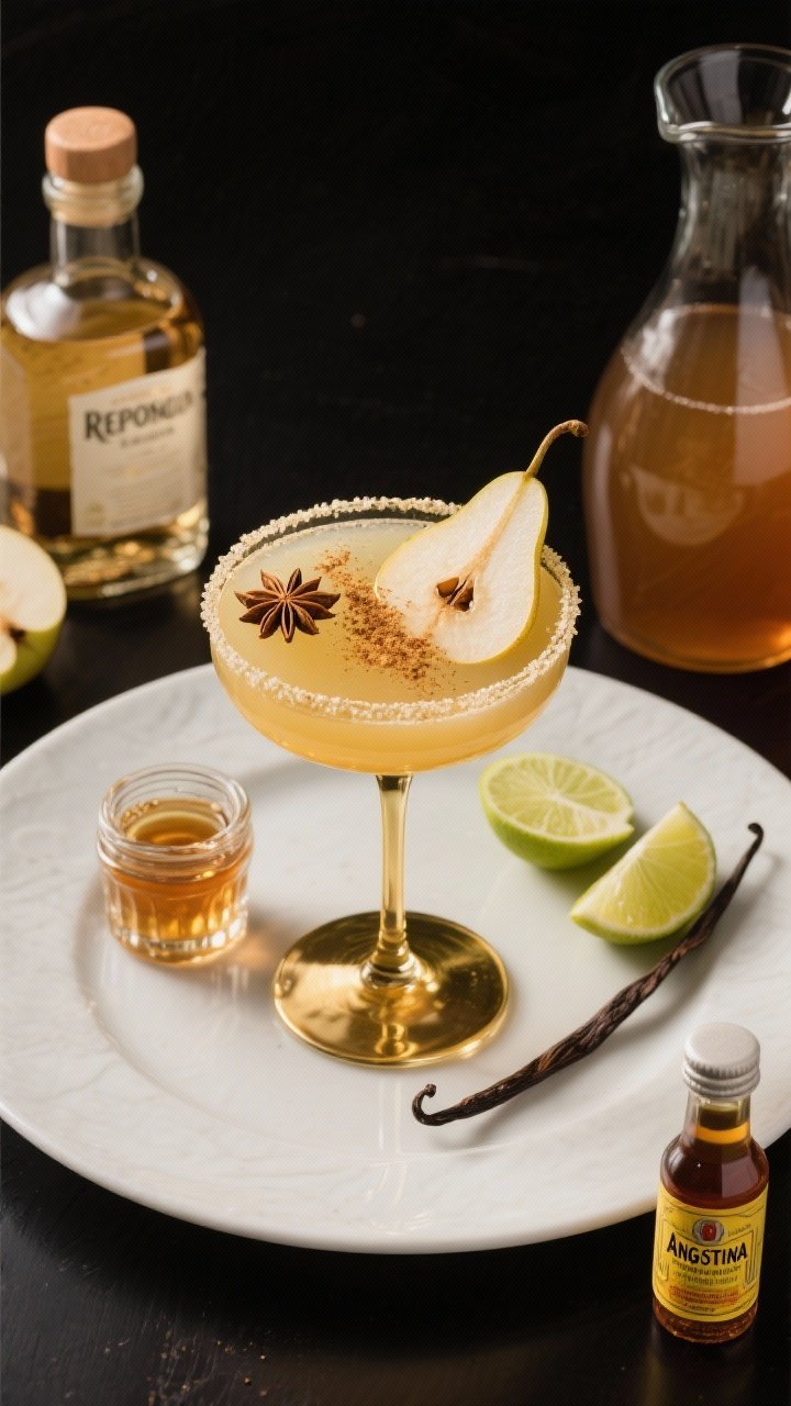 Overhead plated elegance: Spiced Pear-Apple Cider Margarita served up in a coupe, luminous straw-gold with a silky surface. A whisper of freshly grated nutmeg or allspice dusted on top, garnished with a thin pear slice and a single star anise floating. Surround with ingredients neatly styled: reposado tequila, a small glass of pear brandy, vanilla-honey syrup in a tiny jar with a split vanilla bean, apple cider in a carafe, lime halves, and a dash bottle of Angostura. Minimalist dark backdrop, refined styling, soft directional light for a luxe dinner-party feel.