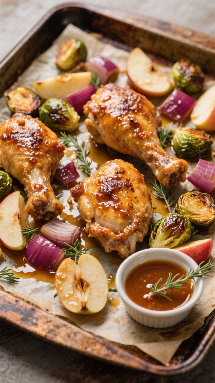 Overhead sheet-pan scene: crispy, golden-brown bone-in chicken thighs glazed with maple-Dijon, nestled among caramelized Brussels sprouts, Honeycrisp apple wedges, and red onion chunks, thyme leaves scattered, glossy pan juices pooling; parchment-lined pan on a rustic baking tray, a small ramekin of maple-Dijon sauce and a sprig of thyme at the corner; warm fall lighting, high contrast to highlight roasty edges, no people.