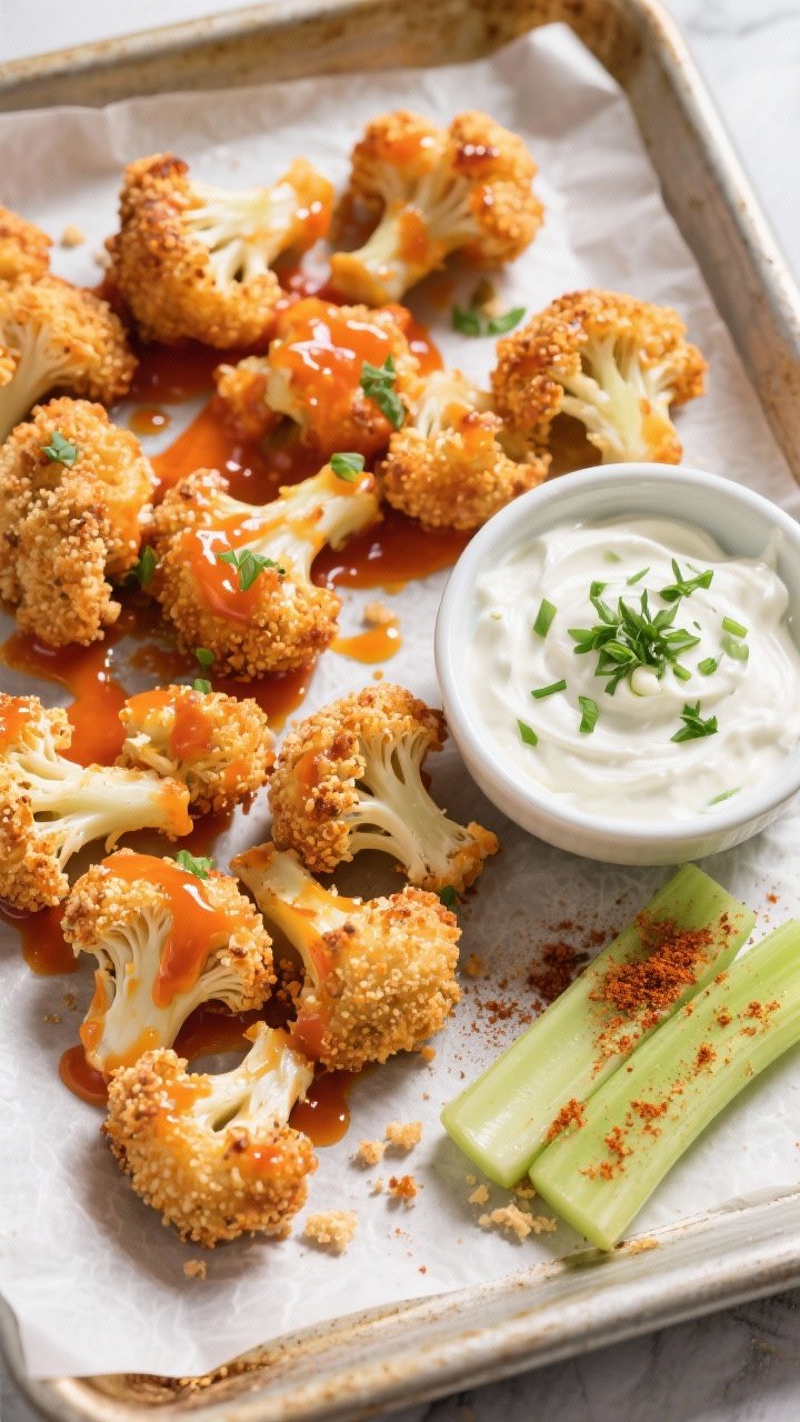 Overhead shot: A parchment-lined sheet pan of crispy baked Buffalo cauliflower bites, the panko-crusted florets glistening with a sticky orange Buffalo sauce (hot sauce + melted butter), with a small bowl of cool ranch dip beside them (sour cream, mayonnaise, dill, chives, garlic/onion powder), sprinkled with chopped parsley. Include fresh celery sticks on the side, a dusting of smoked paprika on the ranch, and a few stray panko crumbs for texture. Bright, high-contrast lighting to emphasize crunch; no people, sports-bar vibe with clean styling.
