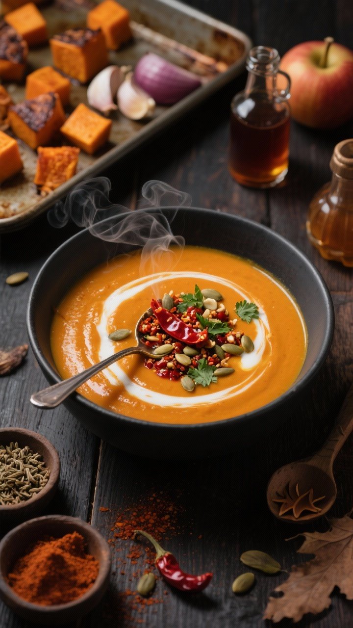 Overhead shot of Smoky Roasted Pumpkin Soup with chili crunch: a matte charcoal bowl filled with silky, deep-orange roasted pumpkin soup, glossy swirls of full-fat coconut milk, a spooned ring of crimson chili crisp pooling with chili oil, sprinkled pepitas and chopped cilantro; visible smoky paprika dusting on the rim, steam rising. Surround with props that hint at the process: a sheet pan with caramelized pumpkin cubes, roasted onion and smashed garlic; small bowls of smoked paprika, cumin, cayenne; a maple syrup dripper and apple cider vinegar bottle. Moody fall lighting, dark wood surface, high contrast to emphasize velvety texture and chili oil sheen.