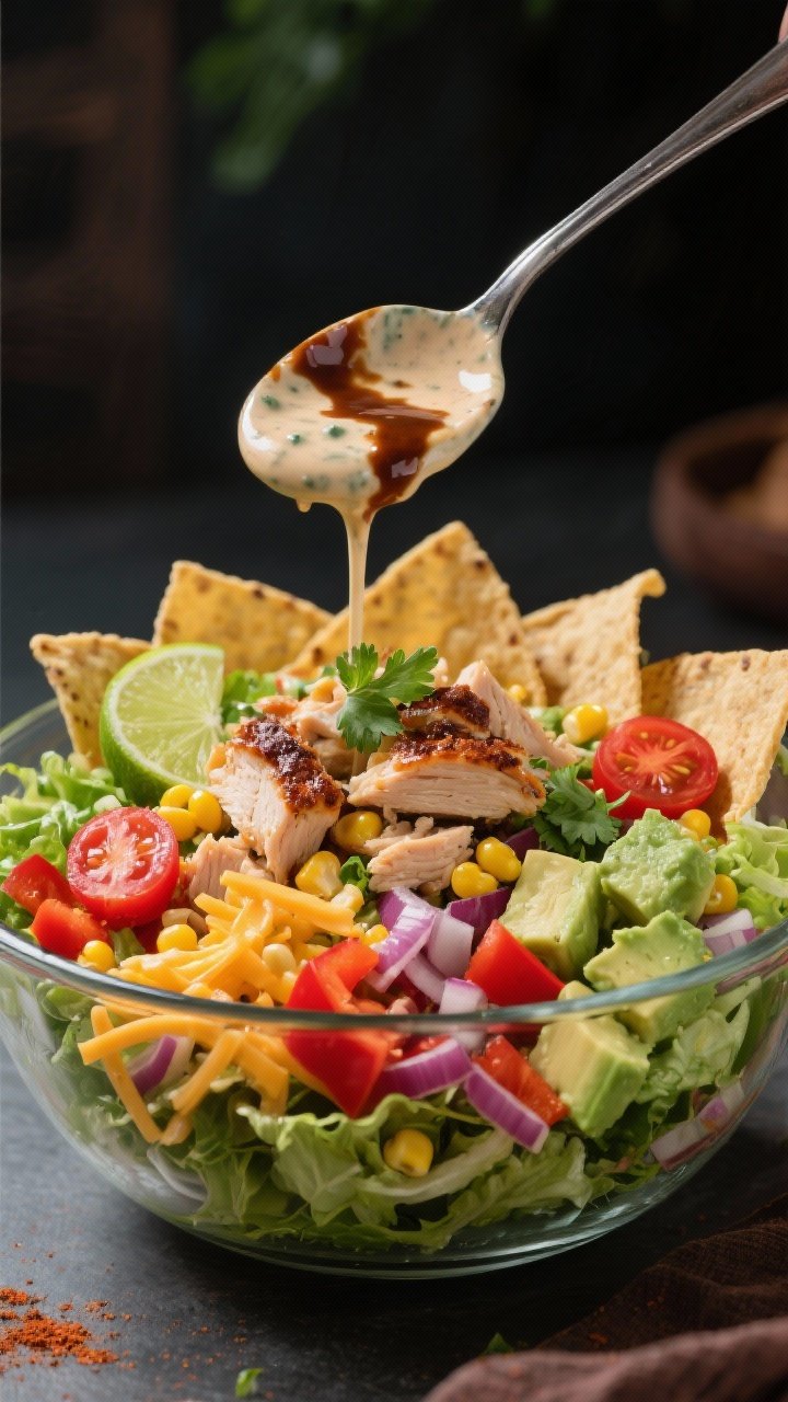 Straight-on, big-bowl “dinner energy” shot of BBQ Ranch Chicken Salad: a generous glass bowl layered with chopped romaine/mixed greens, chopped chicken, sweet corn kernels, halved cherry tomatoes, diced red bell pepper, finely diced red onion, shredded cheddar, and creamy avocado cubes. A spoon trails a marbled BBQ-ranch dressing (ranch + smoky BBQ + lime + chili powder) over the top; finish with a crown of crunchy tortilla strips just before the shot. Include lime wedges and a sprinkle of chopped cilantro on the rim. Bold, saturated colors, slightly moody backlight to enhance shine and freshness, crisp detail on tortilla texture and glossy dressing.