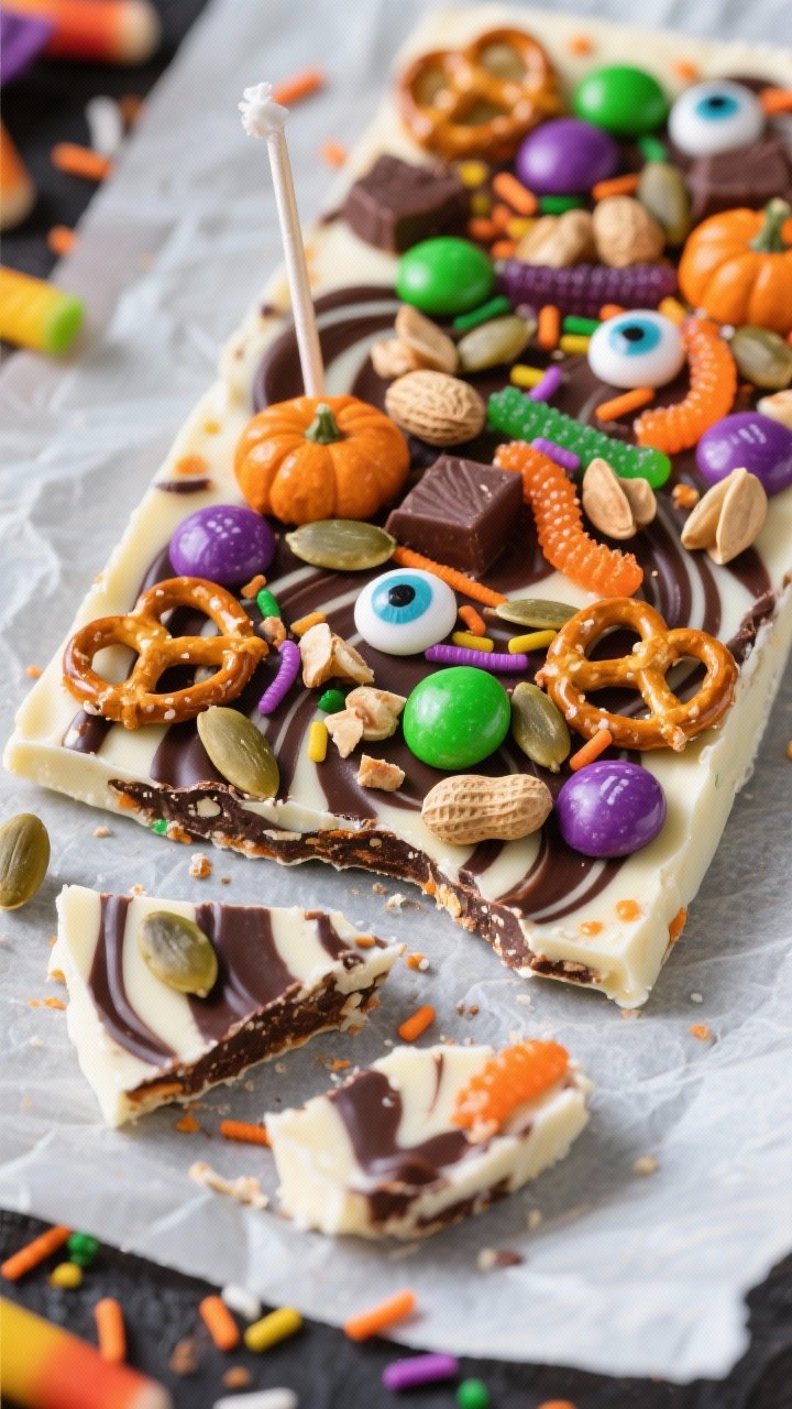 Straight-on close-up of Monster Candy Bark on parchment: a 1/4-inch slab of marbled white chocolate and dark chocolate swirled with a toothpick, studded generously with lightly crushed mini pretzels, Halloween sprinkles, orange/purple/green candy-coated chocolates, chopped gummy worms, roasted salted peanuts (or pumpkin seeds), and clusters of candy eyes pressed into the still-soft surface. A few chilled shards broken off in foreground to reveal glossy snap and textures. Bright, playful Halloween color palette with crisp highlights.