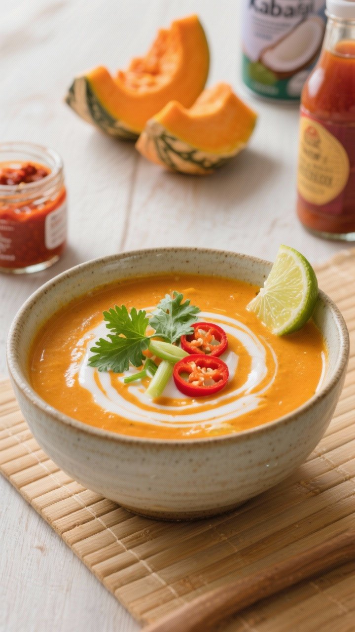 Straight-on close-up of Thai-inspired Kabocha Squash Soup with coconut and lime: a vibrant orange soup in a ceramic bowl with a thick, creamy body, crowned with a glossy coconut milk swirl, bright green cilantro leaves, thinly sliced scallions, and delicate rings of fresh red chiles; a lime wedge perched on the rim. Behind and slightly blurred: a small jar of mild red curry paste, a can of coconut milk, kabocha wedges with skin on, and a fish sauce bottle. Clean, fresh styling on a light bamboo surface, bright natural light to evoke Thai flavors, capturing the balance of sweet-salty-spicy with vivid colors.