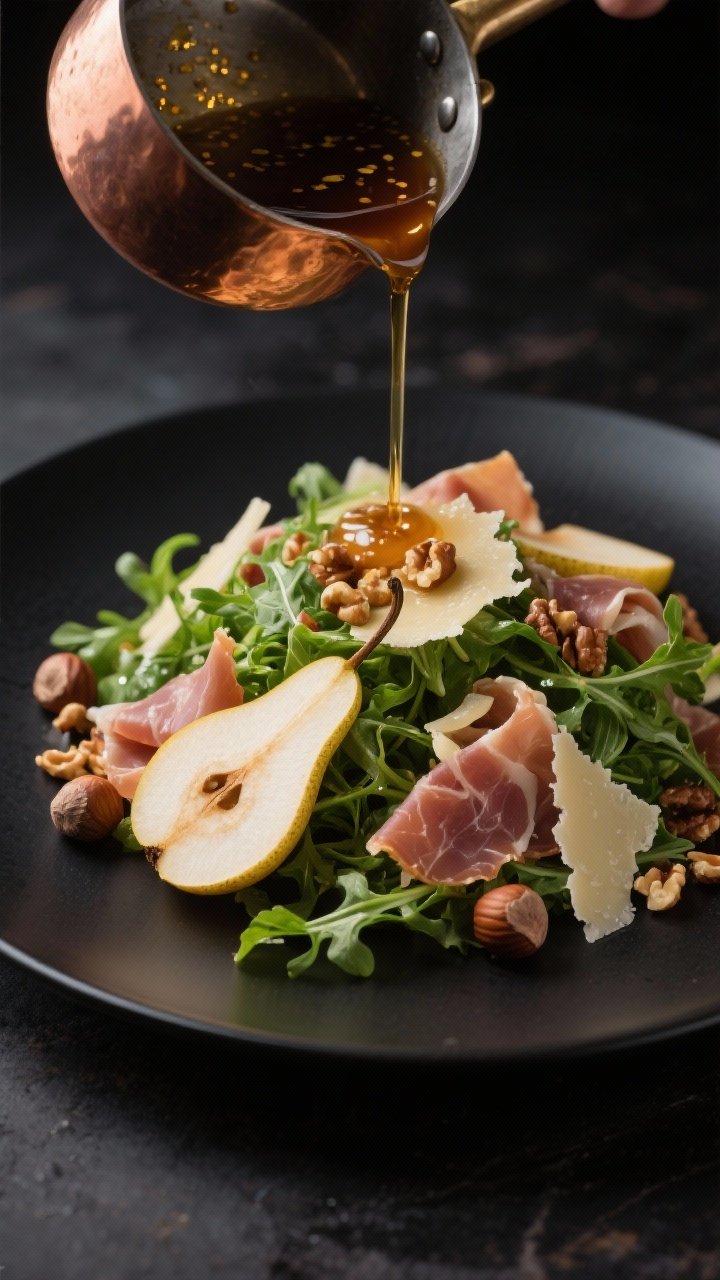 Straight-on elegant plated presentation of Pear, Prosciutto & Arugula Salad with warm Brown Butter Balsamic: a mound of peppery baby arugula lightly glossed, layered with thin fanned slices of ripe Bosc/Anjou pear, silky torn prosciutto, chopped toasted hazelnuts, and wide shaved Parmesan. A small copper saucepan pours a ribbon of nutty brown butter balsamic (visible golden flecks) onto the greens. Minimalist dark plate on a moody backdrop, sparkling highlights on hazelnuts, refined dinner-party vibe.