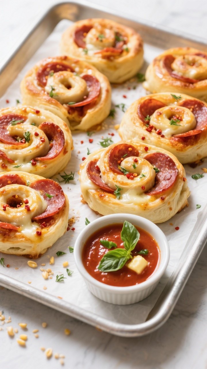 Straight-on plated presentation: A tray of pepperoni pizza pinwheels, each spiral showing layers of golden puffed pizza dough, melted low-moisture mozzarella, pepperoni coins, flecks of dried oregano, and a kiss of red pepper flakes. The tops are glossy from egg wash and lightly blistered. A small ramekin of herby warm marinara (butter, Italian seasoning, pinch of sugar) sits alongside for dipping, with chopped fresh basil sprinkled over the pinwheels. Add a few cornmeal grains on the parchment for pizzeria vibes; bright, inviting lighting.