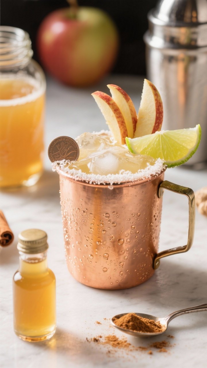 Straight-on shot of a Gingered Apple Cider Margarita Mule in a chilled highball or copper mug packed with ice, pale golden drink topped with effervescent ginger beer, tiny bubbles visible. Garnish with crisp matchstick apple slices and a fresh lime wheel; a thin coin of fresh ginger rests on the rim. Foreground: ginger syrup in a small bottle, pinch of ground cinnamon on a spoon; background: unfiltered apple cider jar and a shaker. Bright, lively light to capture fizz, shallow depth of field emphasizing sparkling bubbles.