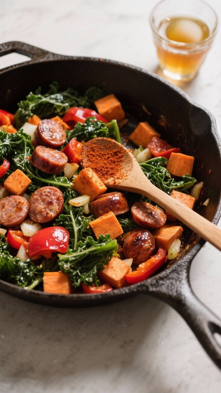Straight-on skillet action shot: a large cast-iron skillet filled with smoky sausage coins, caramelized 1/2-inch sweet potato cubes, wilted curly kale ribbons, red bell pepper pieces, and diced onion; a dusting of smoked paprika visible on the glossy vegetables, a wooden spoon resting on the edge; a tiny splash of apple cider vinegar in a glass prep cup nearby; vibrant autumn colors, slight sheen from olive oil, crisp textures emphasized, minimal background clutter.