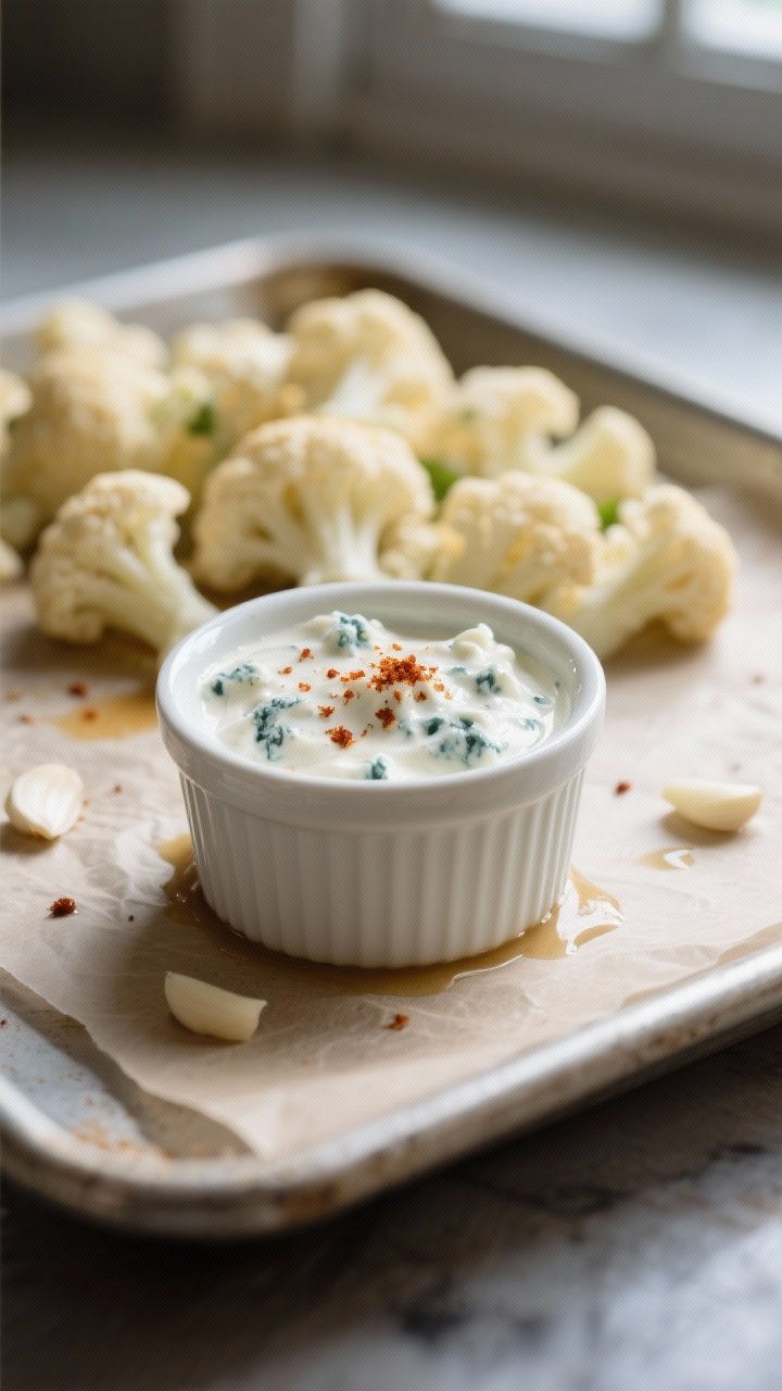 5-inch florets; a small ramekin of creamy blue cheese or ranch dip just out of focus; visible specks