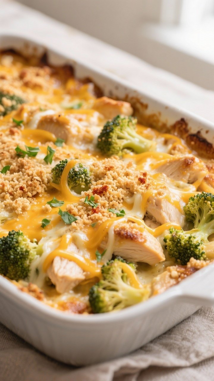 Close-up detail: A bubbling Cheesy Chicken and Broccoli Casserole just out of the oven, tight macro 