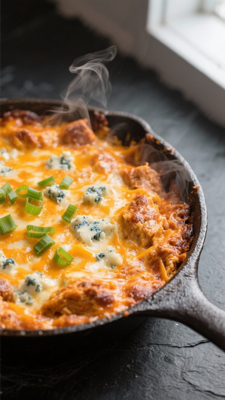 Close-up detail: A cast-iron skillet of freshly baked Buffalo Chicken Dip just out of the oven, edge