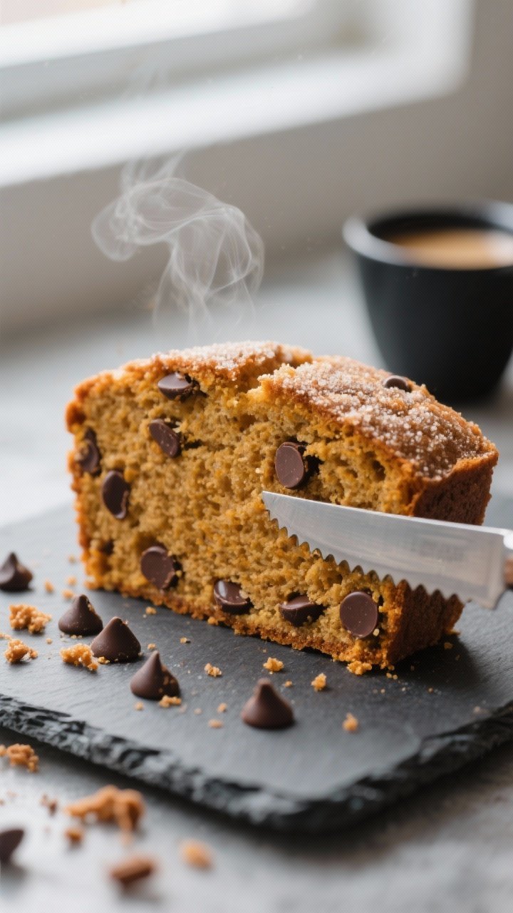 Close-up detail: A freshly baked slice of chocolate chip pumpkin bread, cut with a serrated knife, s